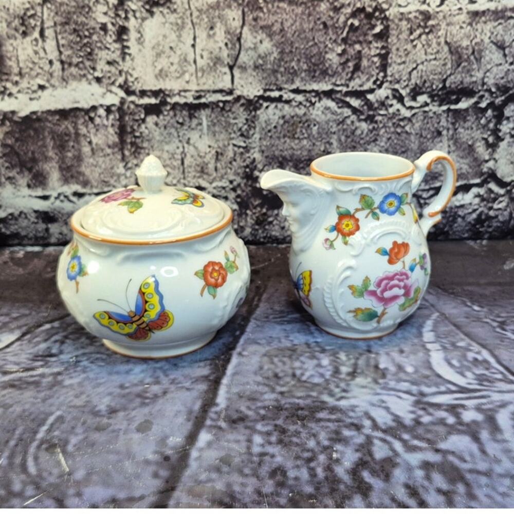 Vintage Porcelain Creamer and Sugar Bowl Set Estee Lauder Chinoiserie Collection